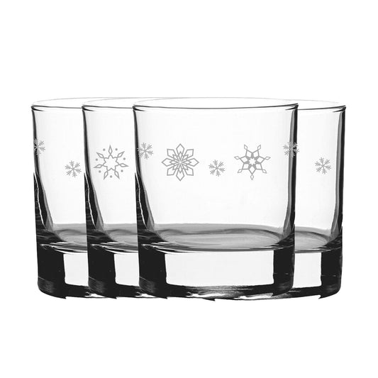 Engraved Snowflake Pattern Whiskey Glass Set of 4 11.5oz Glasses