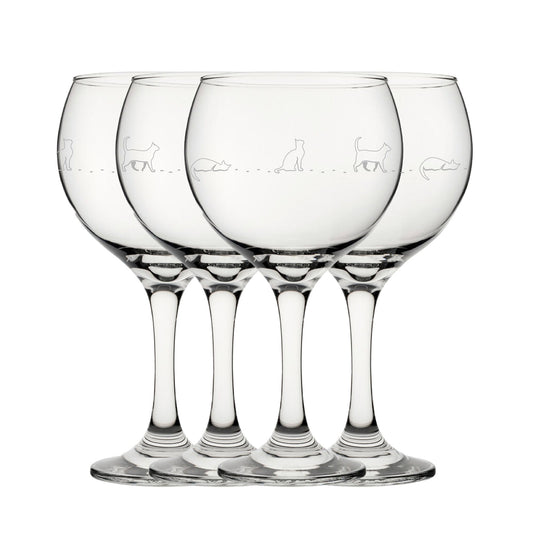 Engraved Cat Pattern Gin Balloon Set of 4 22.5oz Glasses.