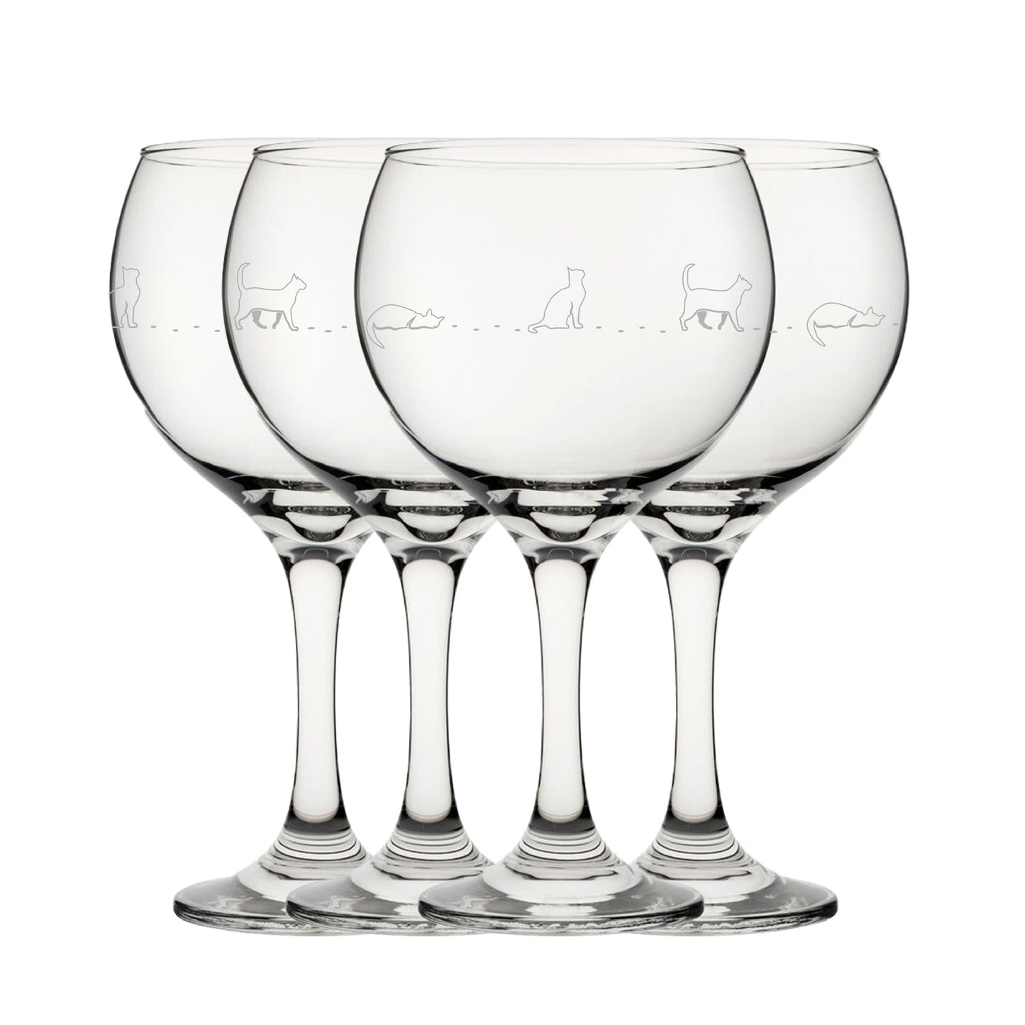 Engraved Cat Pattern Gin Balloon Set of 4 22.5oz Glasses.