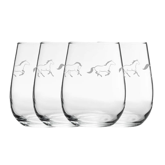 Engraved Horse Pattern Set of 4 Gaia Stemless Wine 12oz Glasses