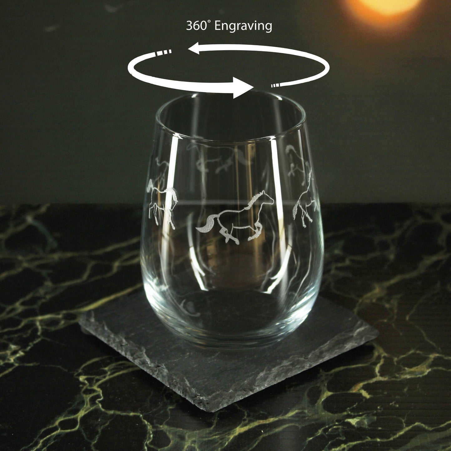 Engraved Horse Pattern Set of 4 Gaia Stemless Wine 12oz Glasses
