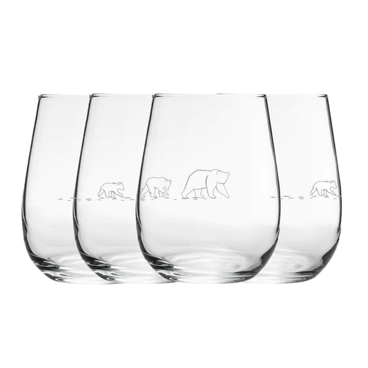 Engraved Bear Pattern Set of 4 Gaia Stemless Wine 12oz Glasses