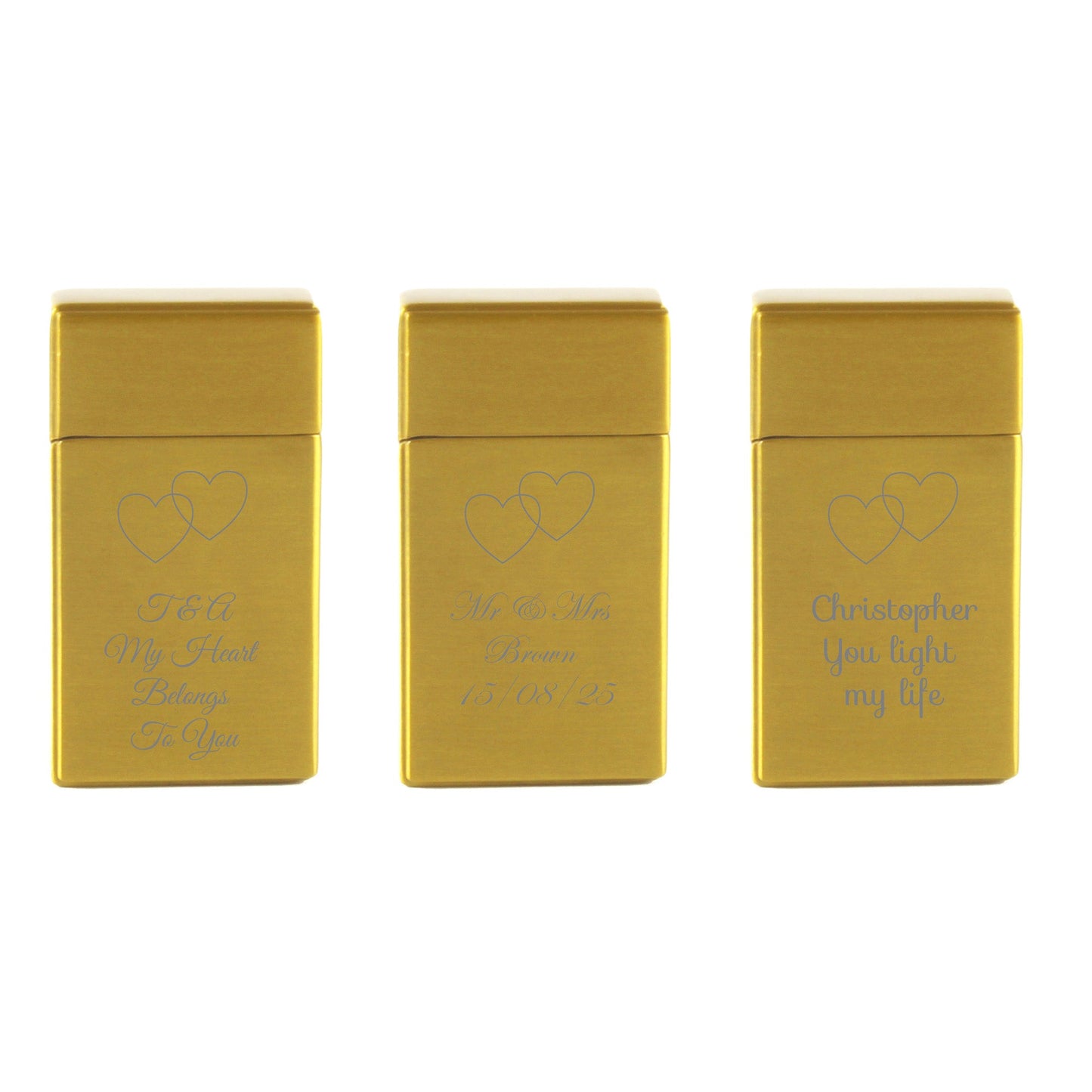 Engraved Jet Gas Lighter Gold Overlapping Hearts Gift Boxed