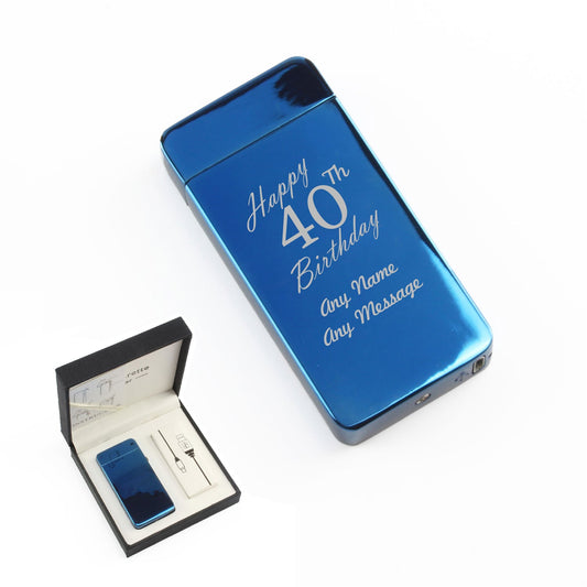 Engraved Electric Arc Lighter, Blue, Happy 40th Birthday, Gift Boxed