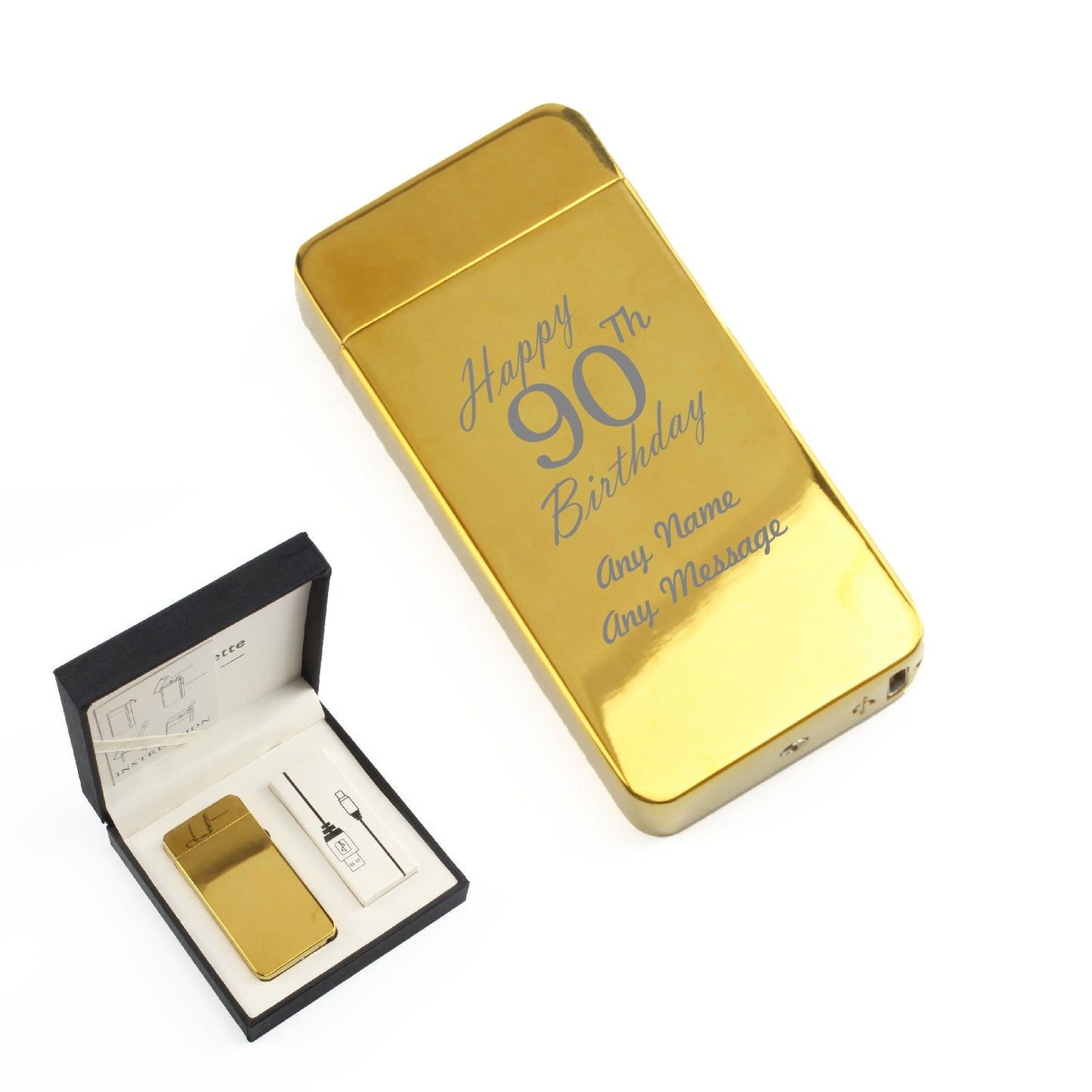 Engraved Electric Arc Lighter, Gold, Happy 90th Birthday, Gift Boxed