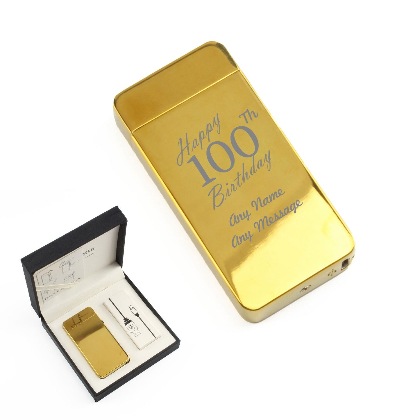 Engraved Electric Arc Lighter, Gold, Happy 100th Birthday, Gift Boxed