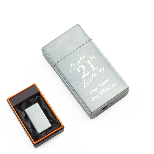 Engraved Jet Gas Lighter Silver Happy 21st Birthday Gift Boxed