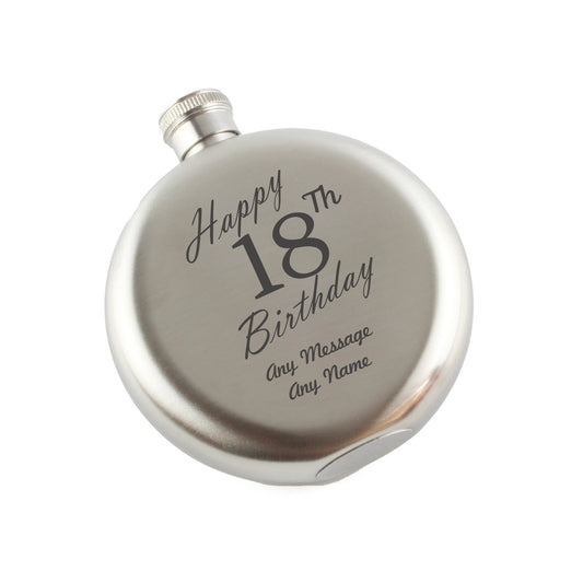Engraved 5oz Round Steel Hip Flask Happy 18th Birthday
