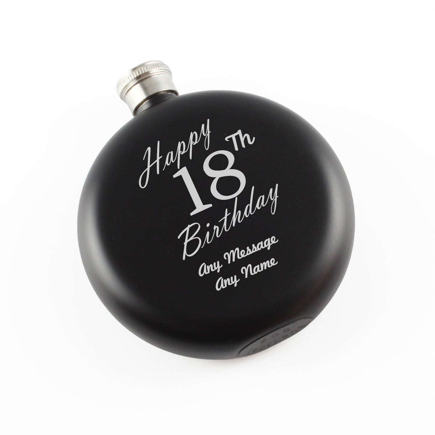 Engraved 5oz Round Black Hip Flask Happy 18th Birthday