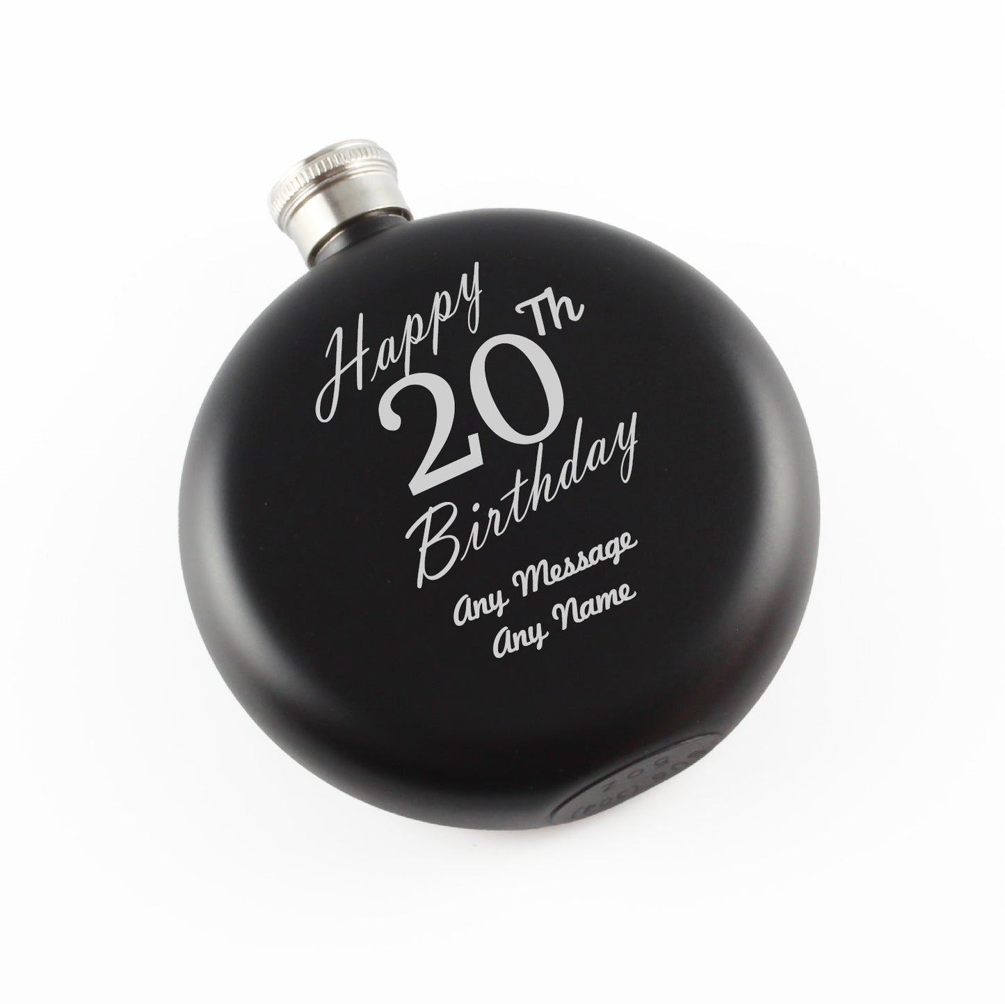 Engraved 5oz Round Black Hip Flask Happy 20th Birthday