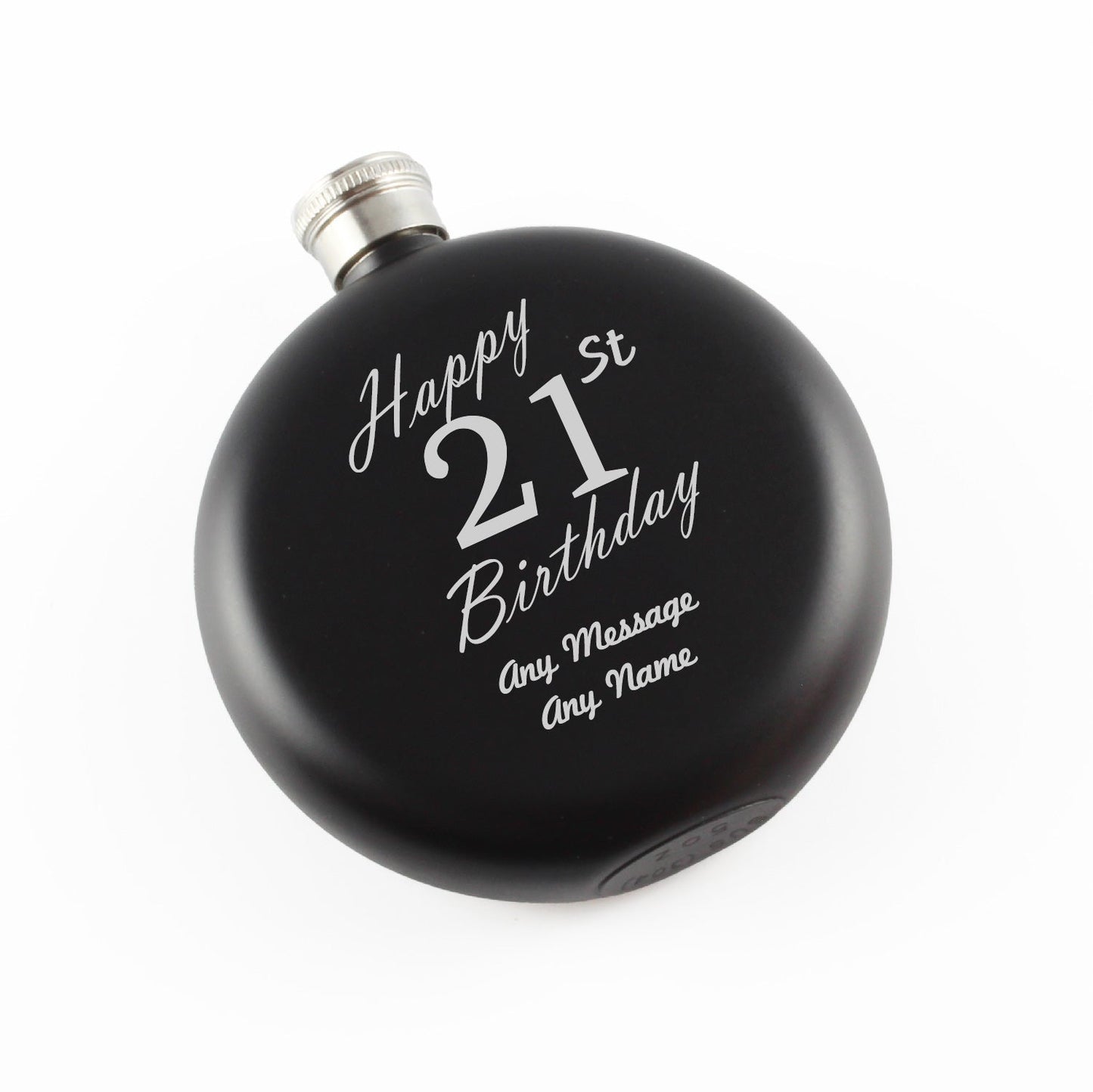 Engraved 5oz Round Black Hip Flask Happy 21st Birthday