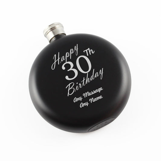 Engraved 5oz Round Black Hip Flask Happy 30th Birthday