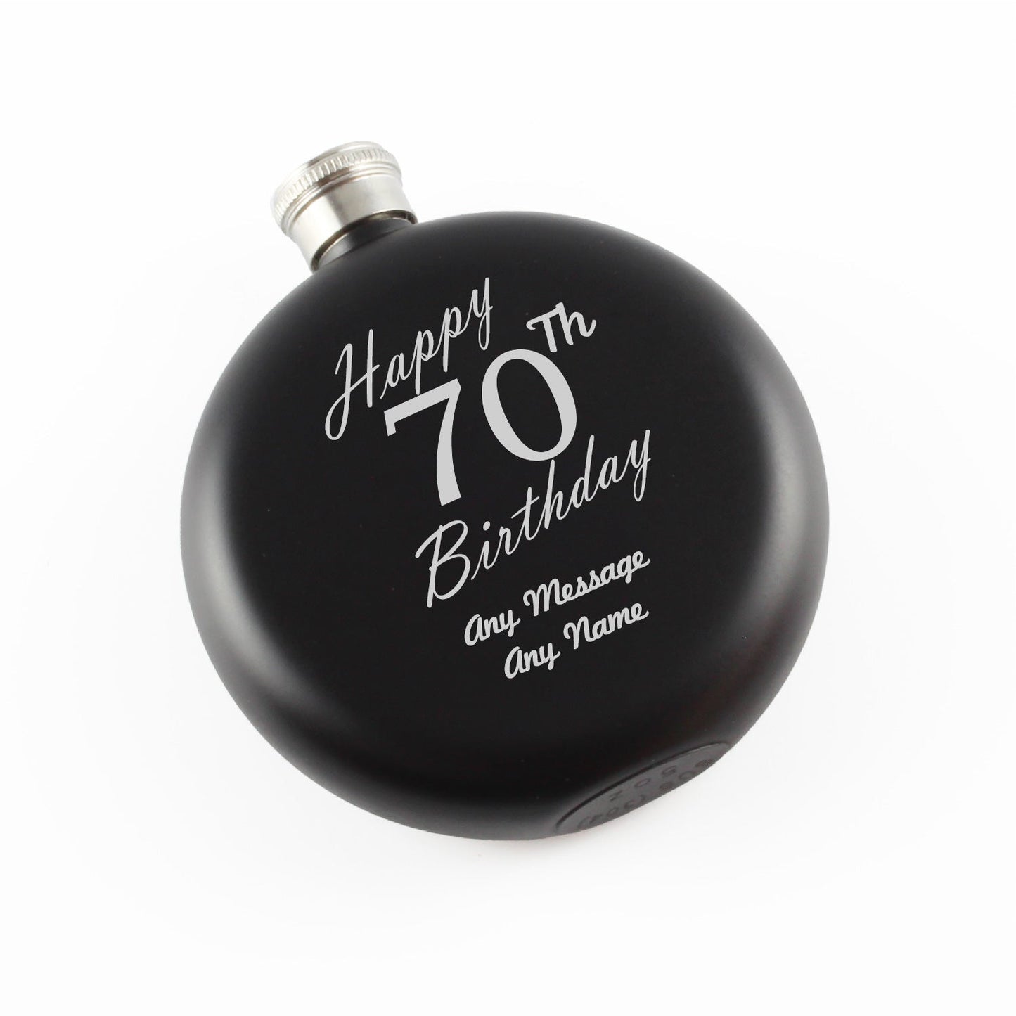 Engraved 5oz Round Black Hip Flask Happy 70th Birthday