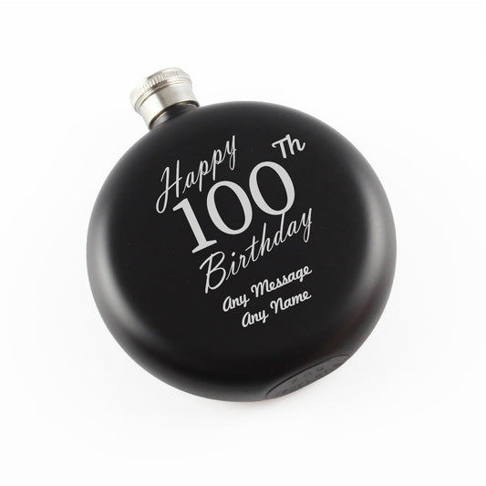 Engraved 5oz Round Black Hip Flask Happy 100th Birthday