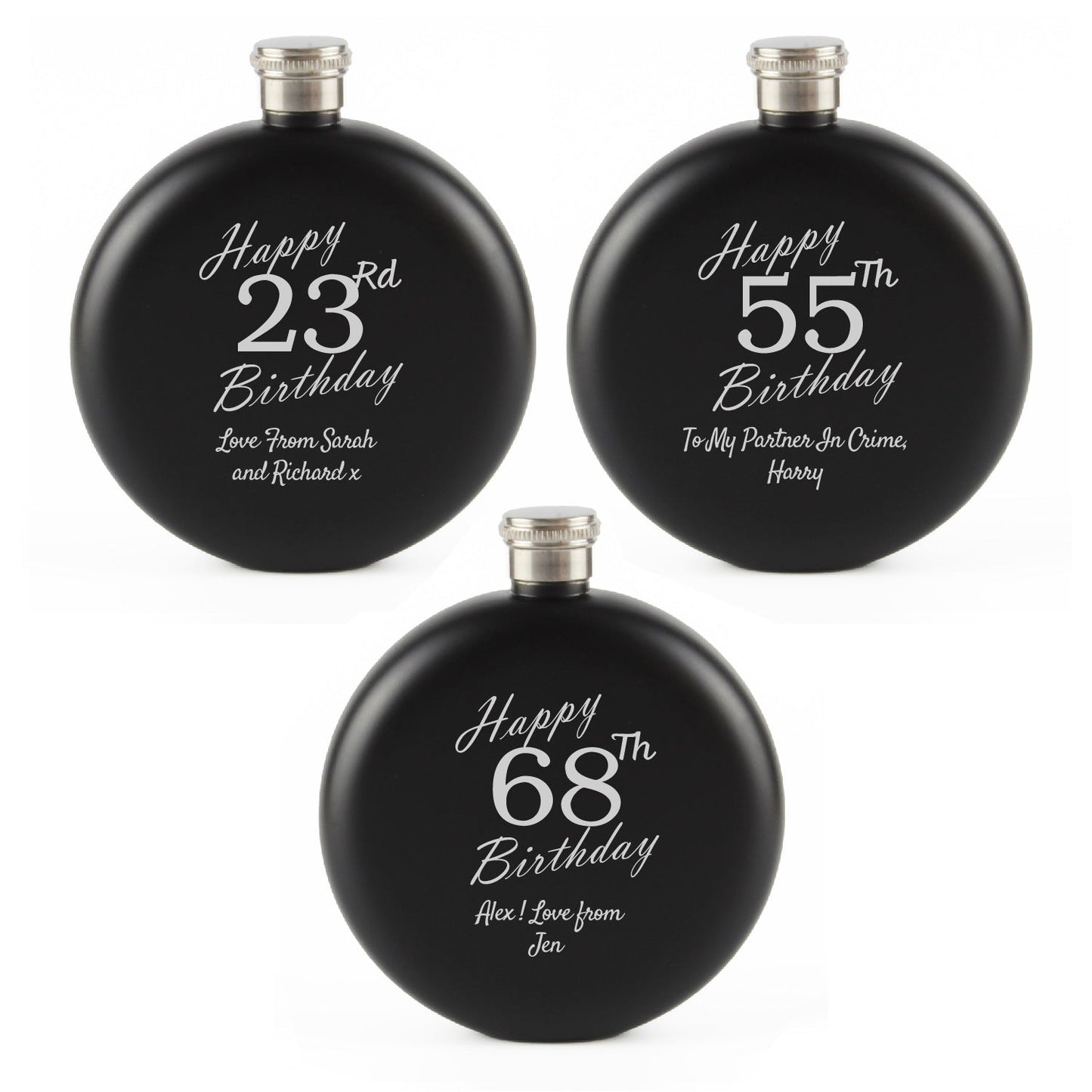 Engraved 5oz Round Black Hip Flask Happy Custom Number Birthday