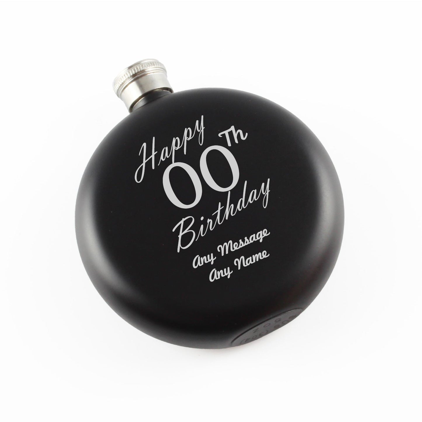 Engraved 5oz Round Black Hip Flask Happy Custom Number Birthday