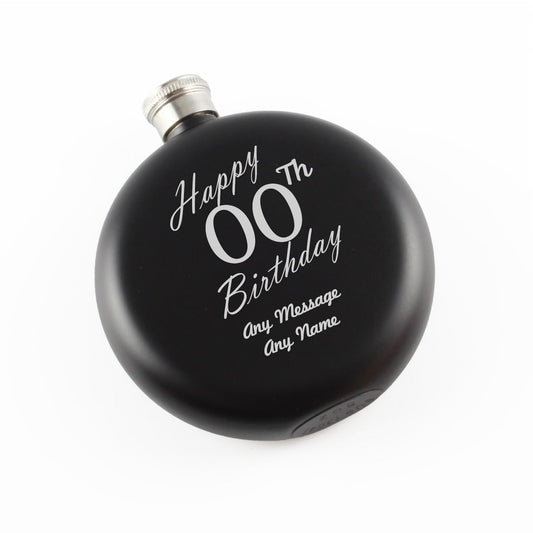 Engraved 5oz Round Black Hip Flask Happy Custom Number Birthday