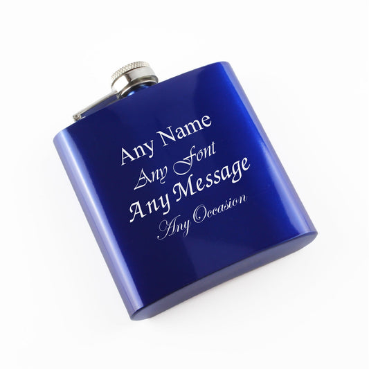Engraved 6oz Blue Steel Hip Flask Any Message Engraved In The UK