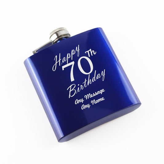 Engraved 6oz Blue Steel Hip Flask Happy 70th Birthday
