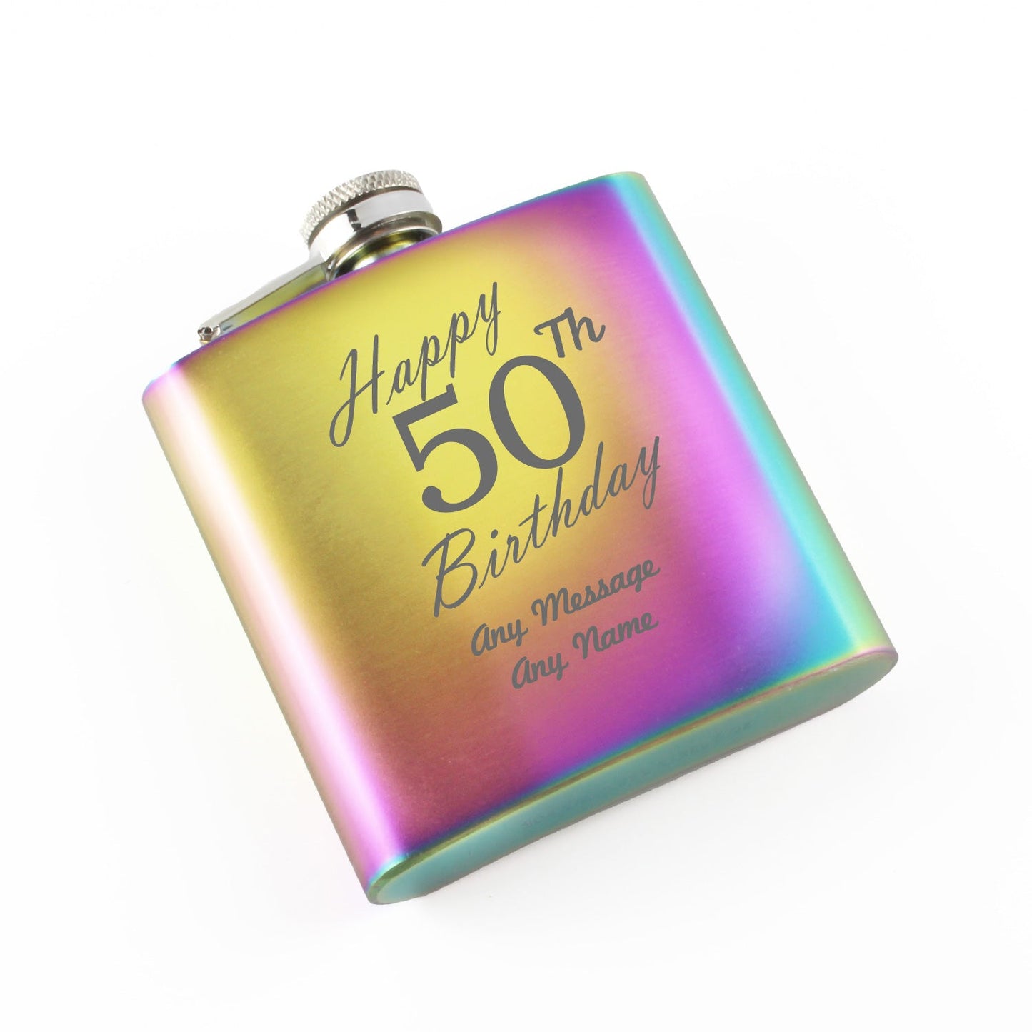 Engraved 6oz Rainbow Steel Hip Flask Happy 50th Birthday