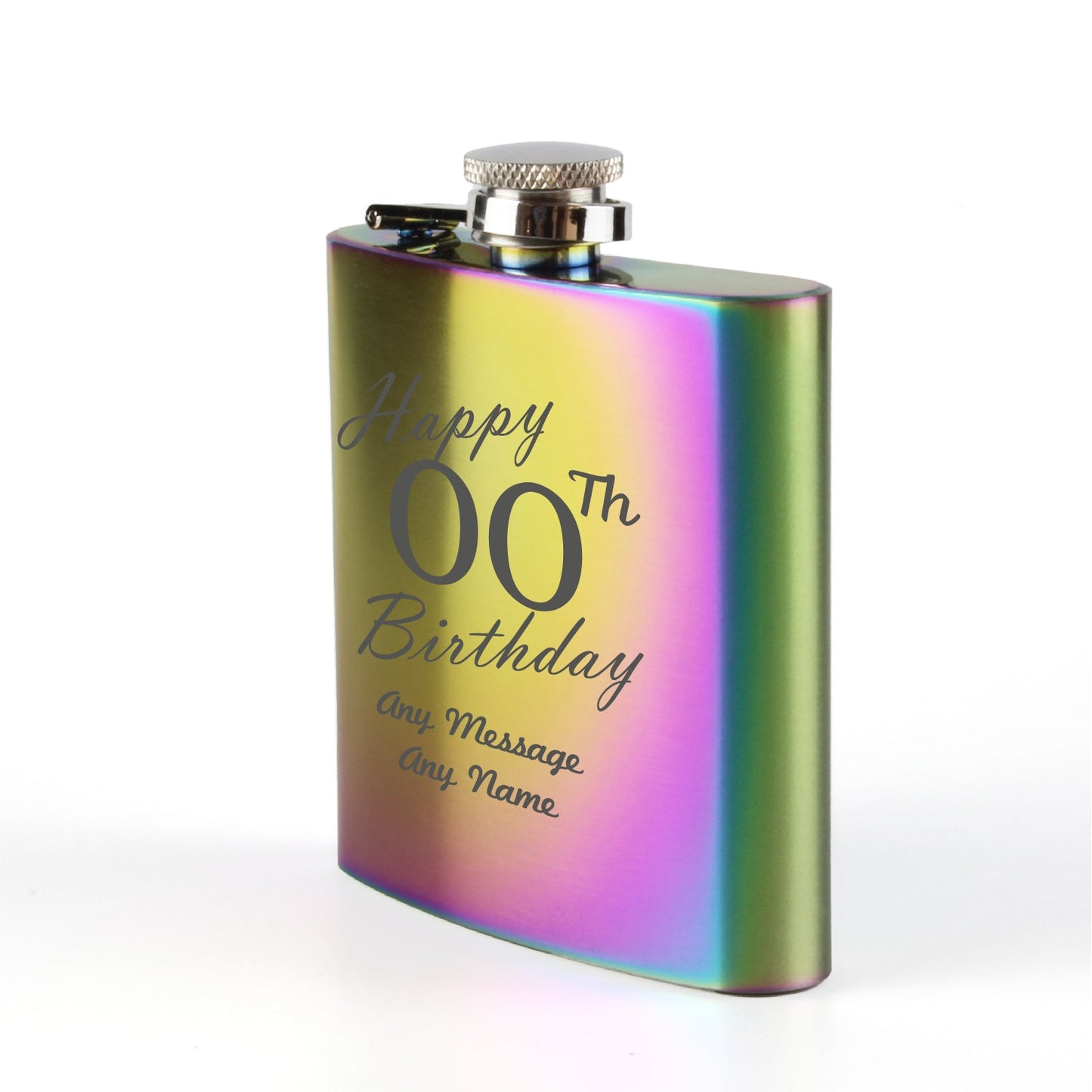 Engraved 6oz Rainbow Steel Hip Flask Happy Custom Number Birthday