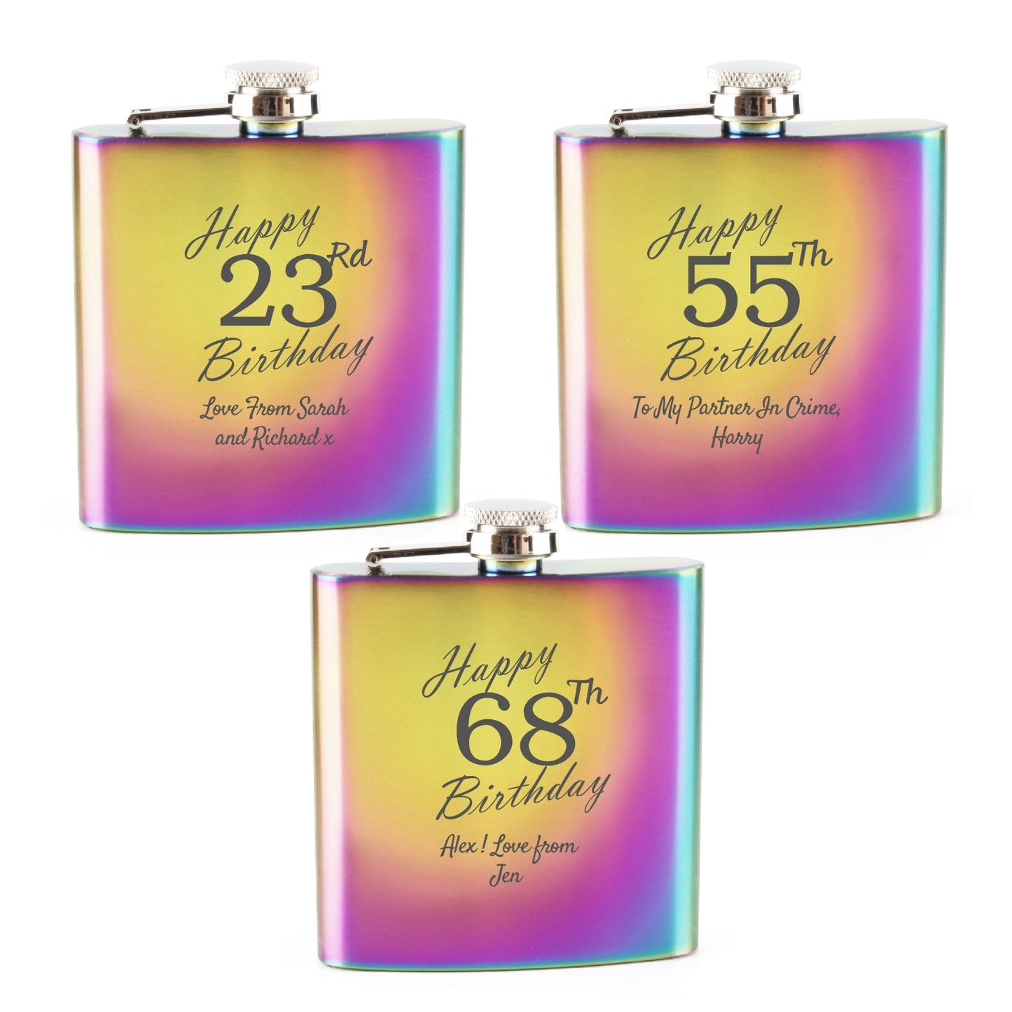 Engraved 6oz Rainbow Steel Hip Flask Happy Custom Number Birthday