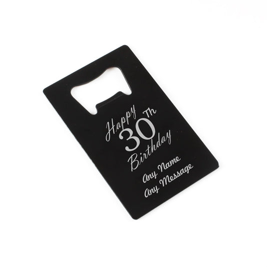Engraved Portable Wallet Card Bottle Opener Black Happy 30th Birthday