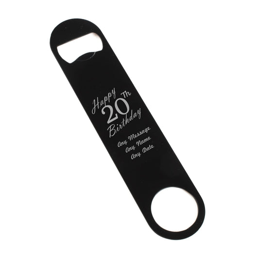 Engraved Large Black Steel Bar Blade Bottle Opener Happy 20th Birthday