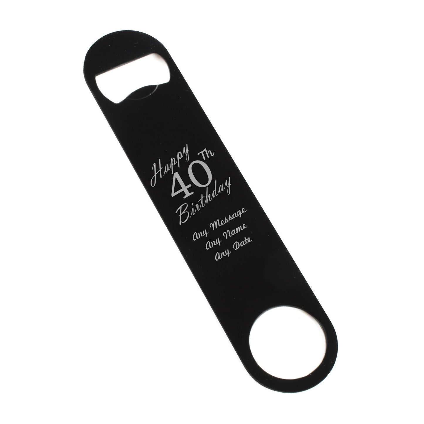 Engraved Large Black Steel Bar Blade Bottle Opener Happy 40th Birthday