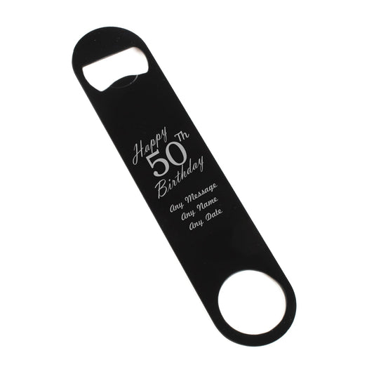 Engraved Large Black Steel Bar Blade Bottle Opener Happy 50th Birthday