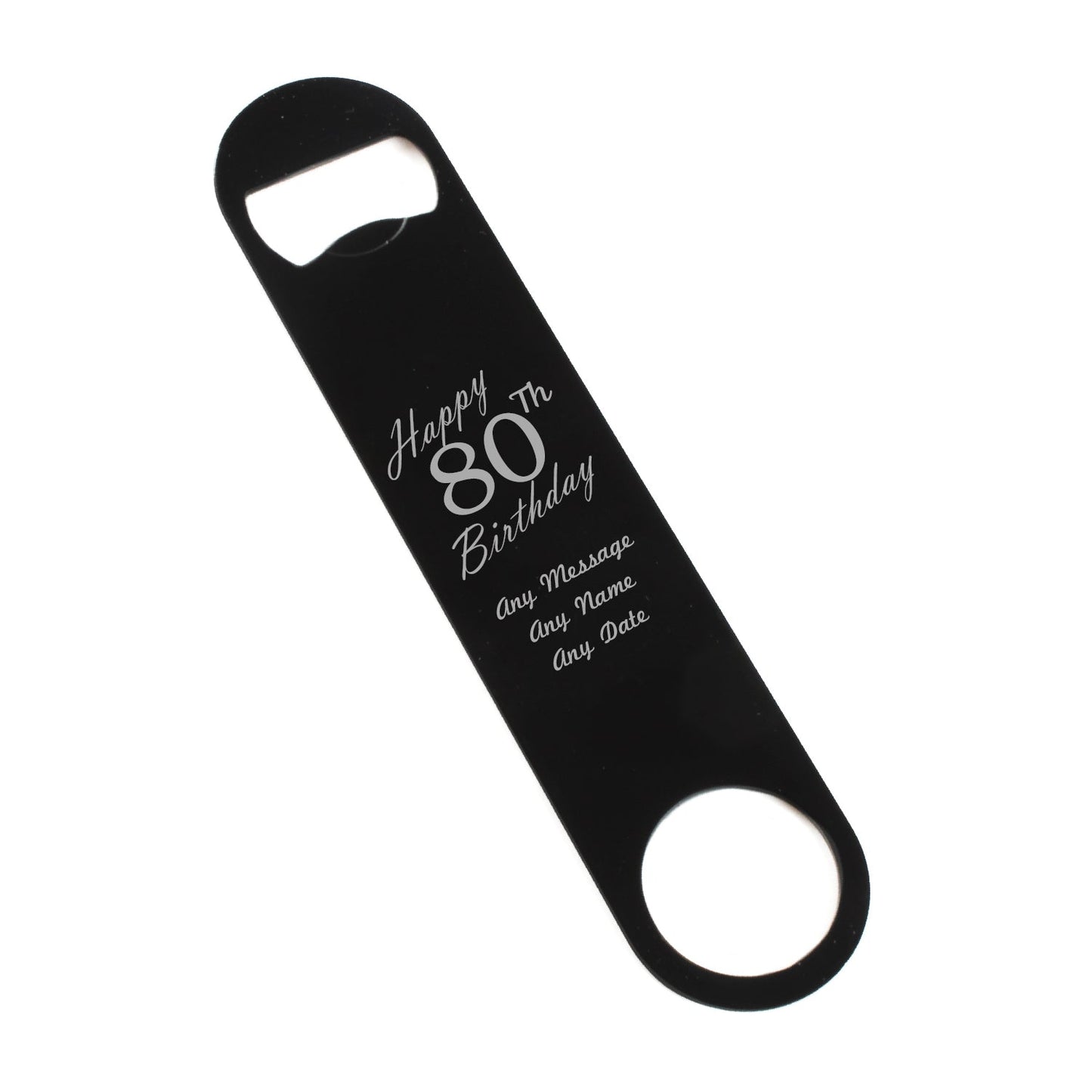 Engraved Large Black Steel Bar Blade Bottle Opener Happy 80th Birthday