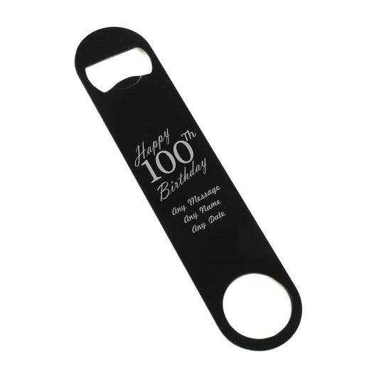 Engraved Large Black Steel Bar Blade Bottle Opener Happy 100th Birthday