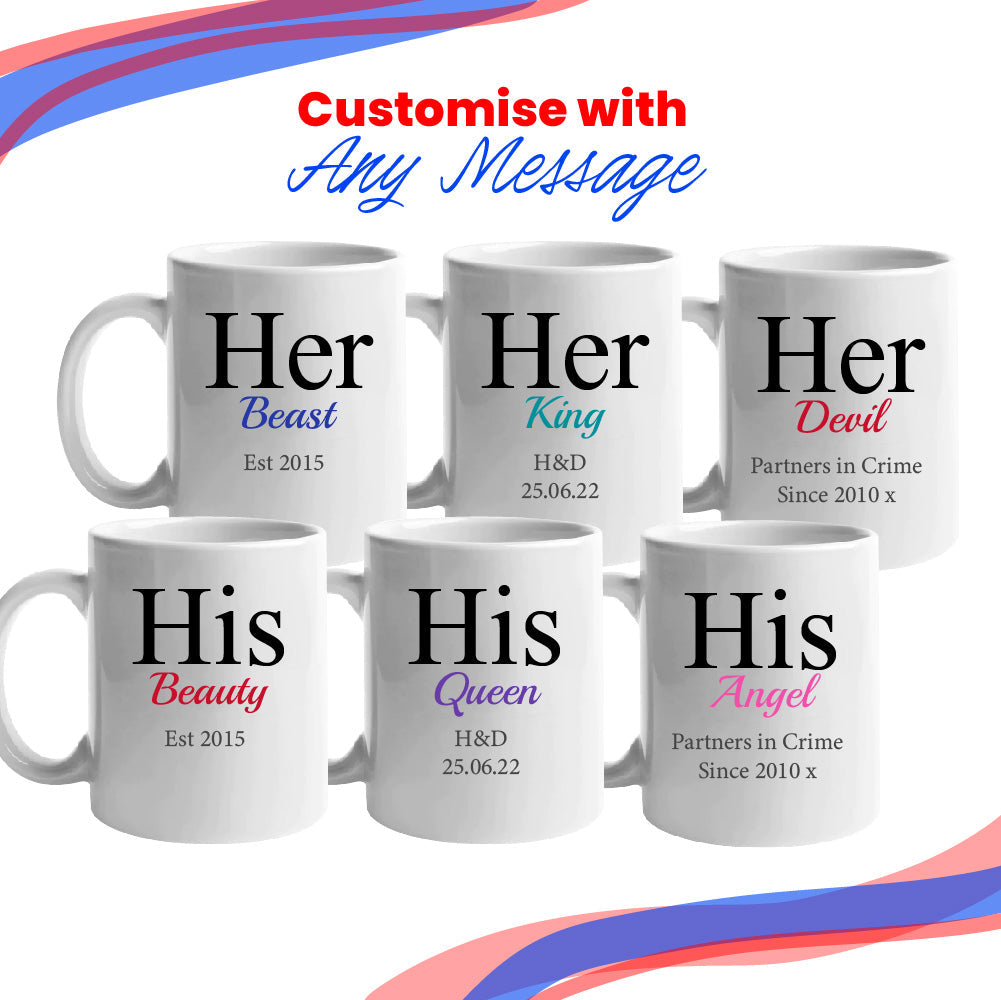 His and Hers Any Text Mug Set, Gift Boxed, Ceramic 11oz/312ml Mugs