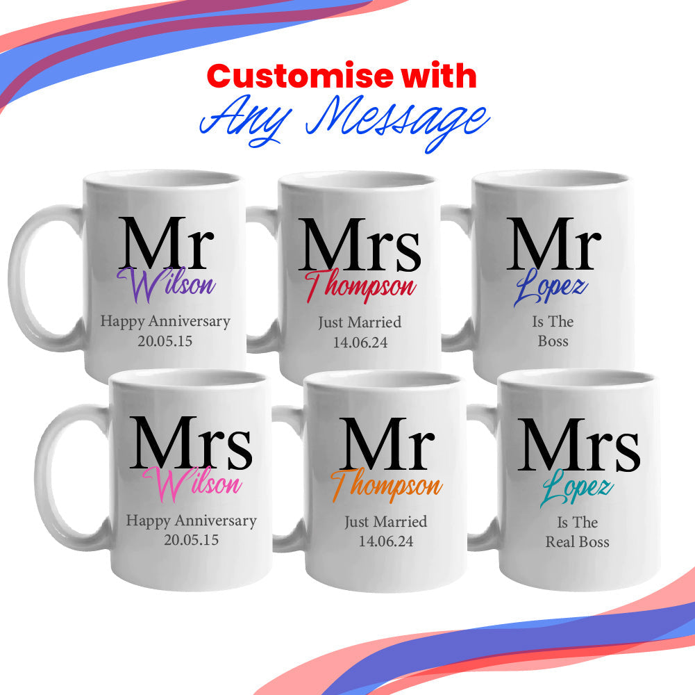 Mr and Mrs Mug Set, Classic Font Design, Ceramic 11oz/312ml Mugs