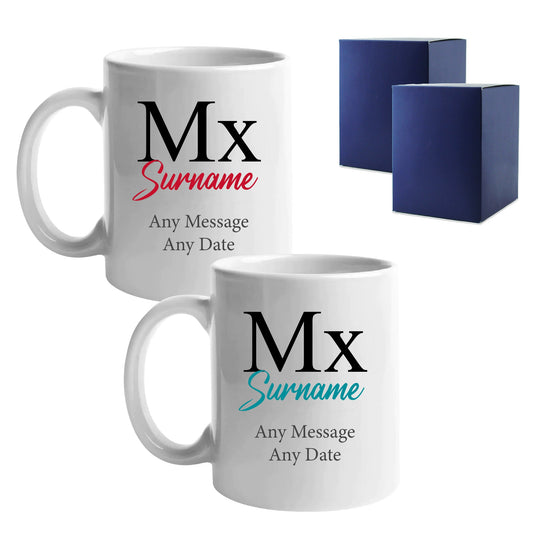 Gender Neutral Wedding Mug Set, Mx and Mx Classic Font Design