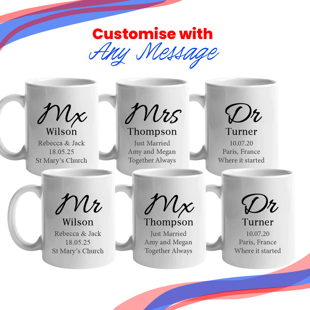 Gender Neutral Wedding Mug Set, Mx and Mx Elegant Font Design