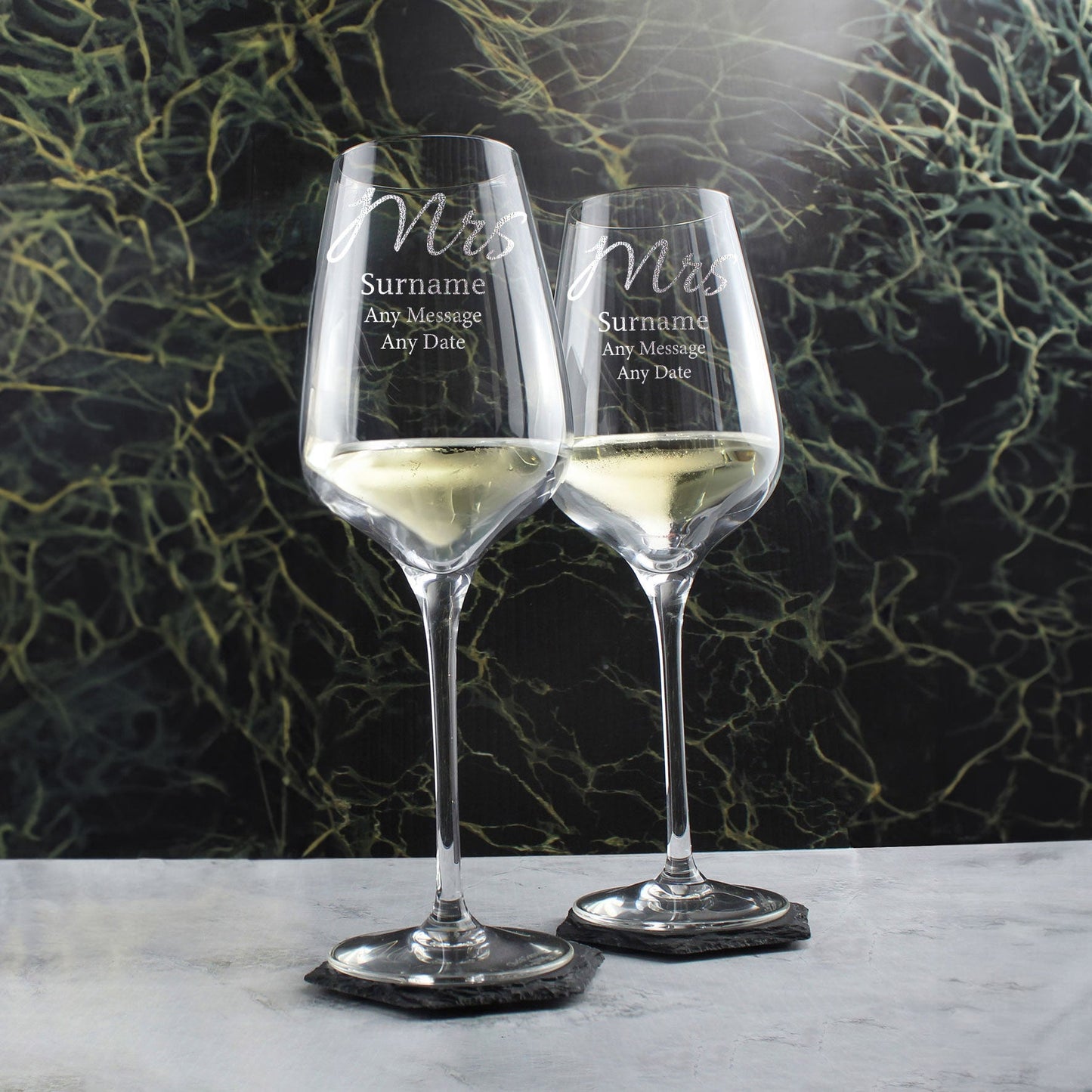 Engraved Mrs and Mrs Sublym Wine Glasses, 15.8oz/450ml, Elegant Font