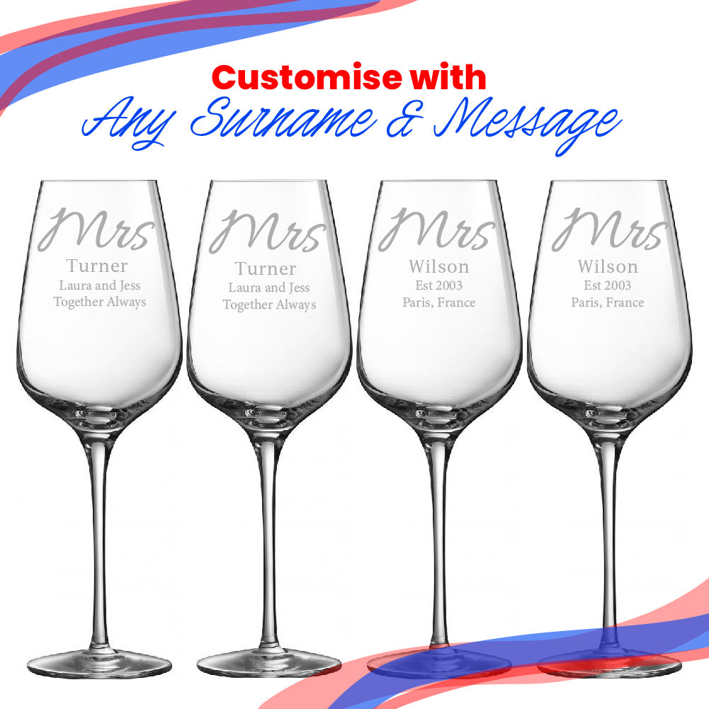 Engraved Mrs and Mrs Sublym Wine Glasses, 15.8oz/450ml, Elegant Font