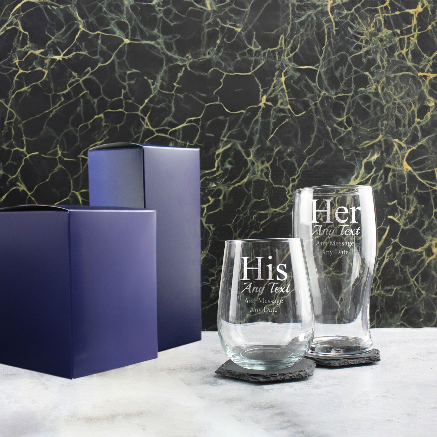 Engraved His and Hers Any Text Beer and Stemless Wine Glass Set