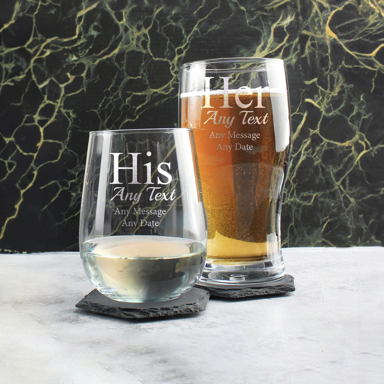 Engraved His and Hers Any Text Beer and Stemless Wine Glass Set