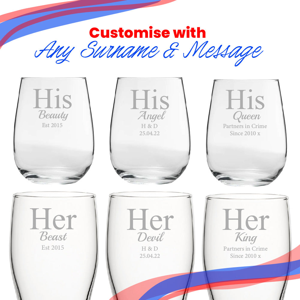 Engraved His and Hers Any Text Beer and Stemless Wine Glass Set