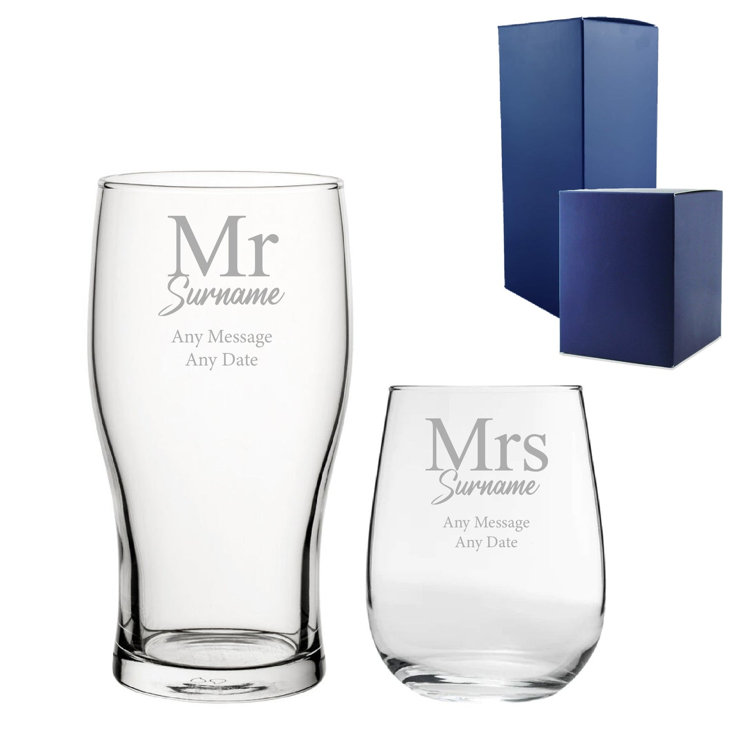 Engraved Mr and Mrs Beer and Stemless Wine Set, Classic Font