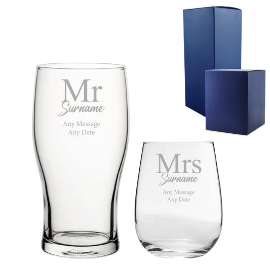 Engraved Mr and Mrs Beer and Stemless Wine Set, Classic Font