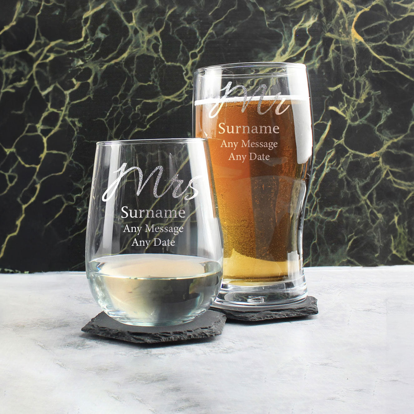 Engraved Mr and Mrs Beer and Stemless Wine Set, Elegant Font