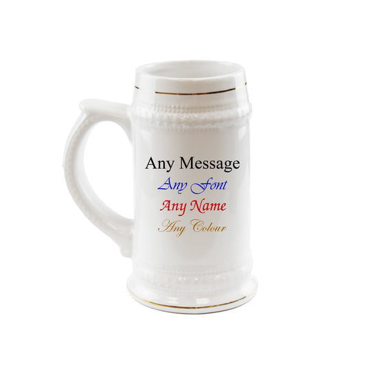 Printed White Ceramic Beer Mug, Any Message, Gold Rimmed, 22oz/560ml