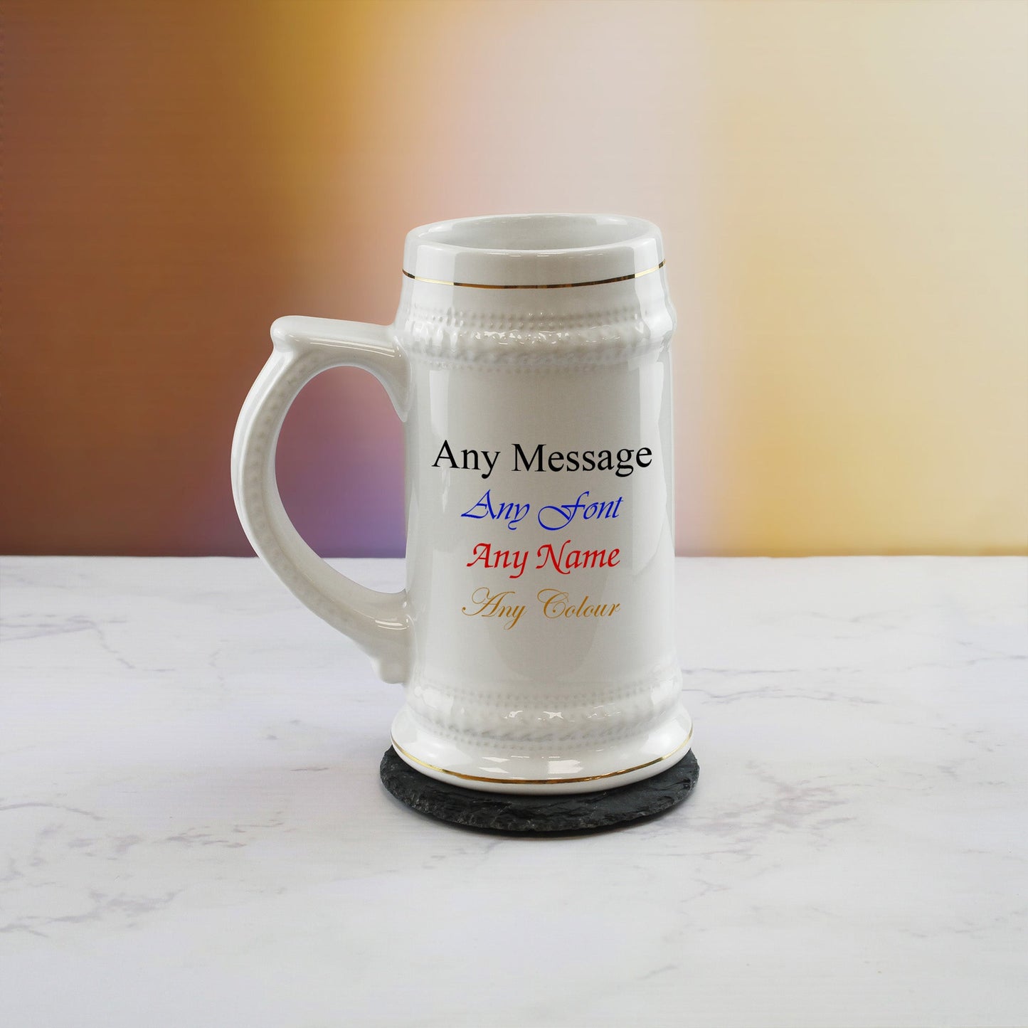 Printed White Ceramic Beer Mug, Any Message, Gold Rimmed, 22oz/560ml