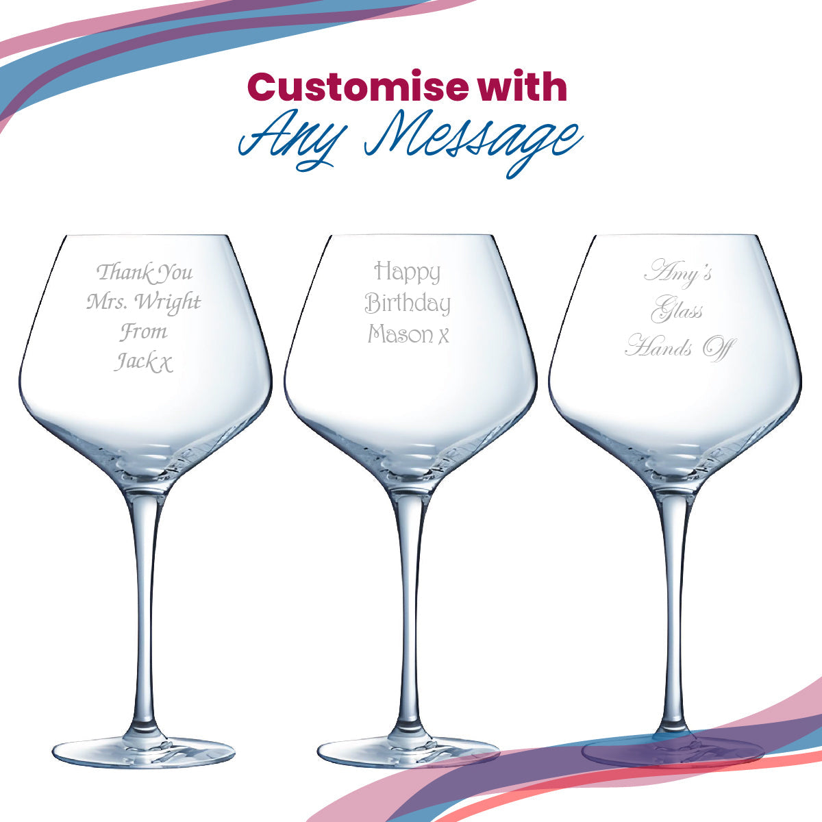 Engraved Gin Balloon and Tumbler Cocktail Glasses with Personalised Designs and Gift Box