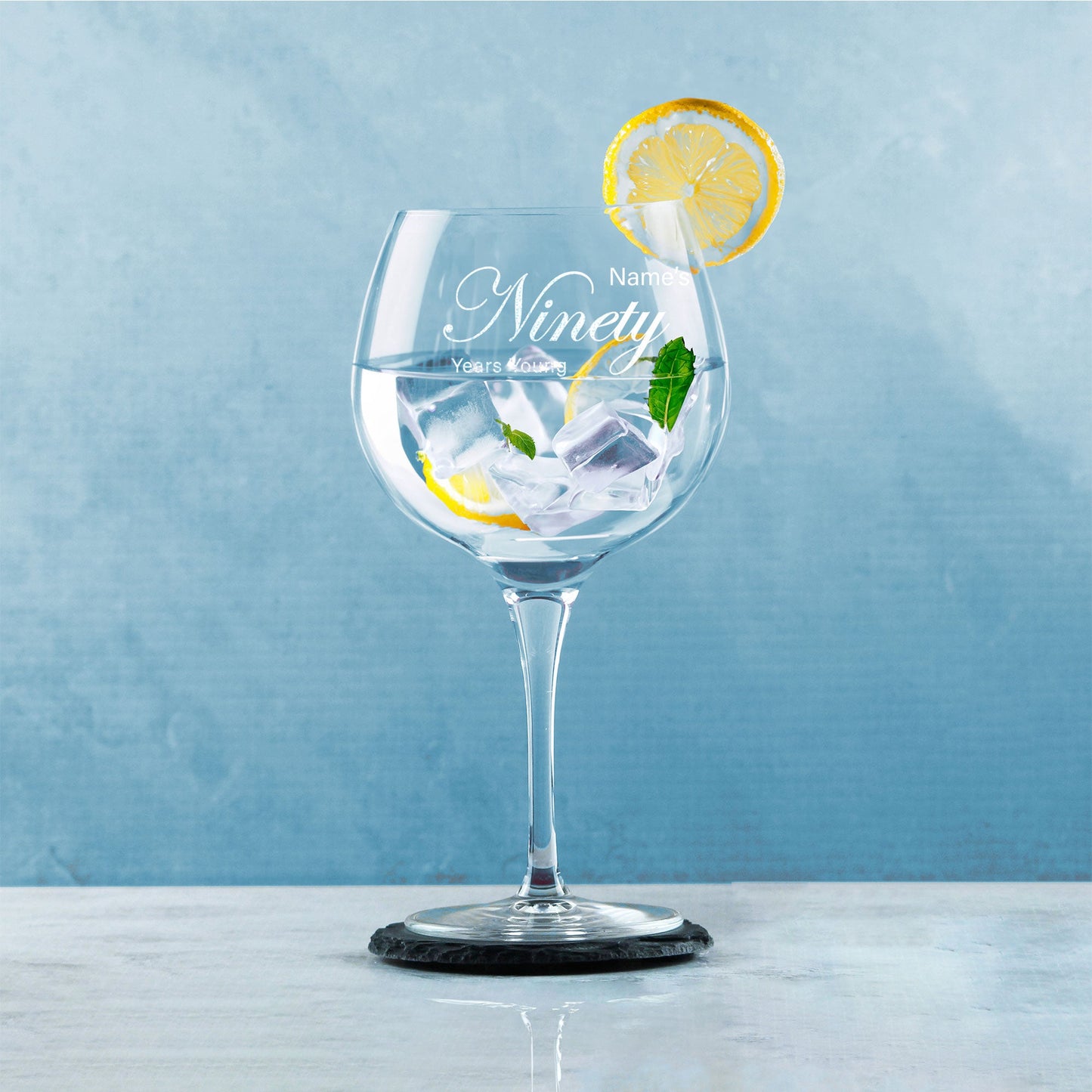 Engraved 90th Birthday Primeur Gin Glass Years Young Curly Font