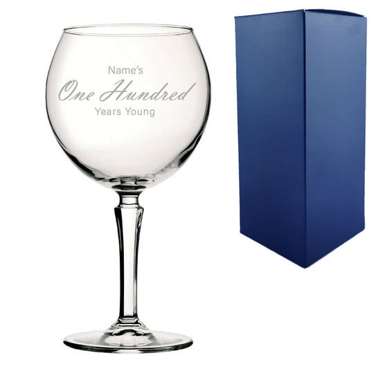 Engraved 100th Birthday Hudson Gin Glass, Years Young Handwritten