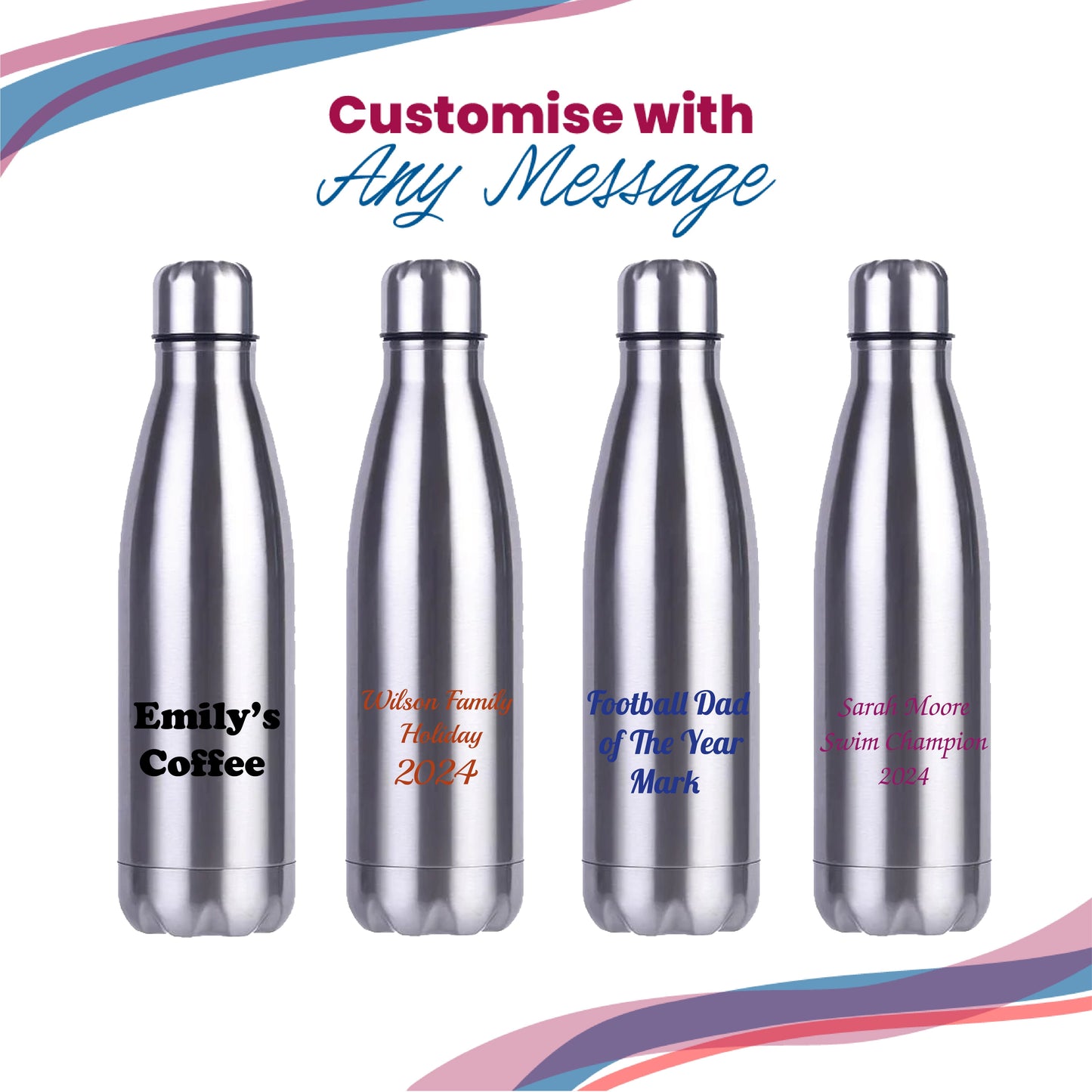 Printed Silver Thermal Bottle, Any Message, Stainless Steel 500ml/17oz